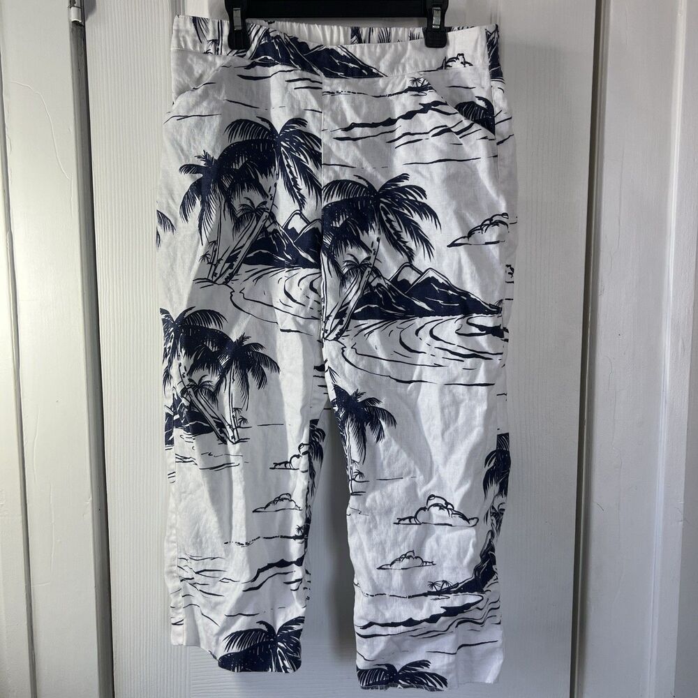 Chico's Linen Cropped Pants 0 Small Medium White Blue Palm Tree Print Pull On